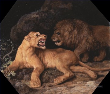 ライオン Painting - ジョージ・スタブスのライオンと雌ライオン